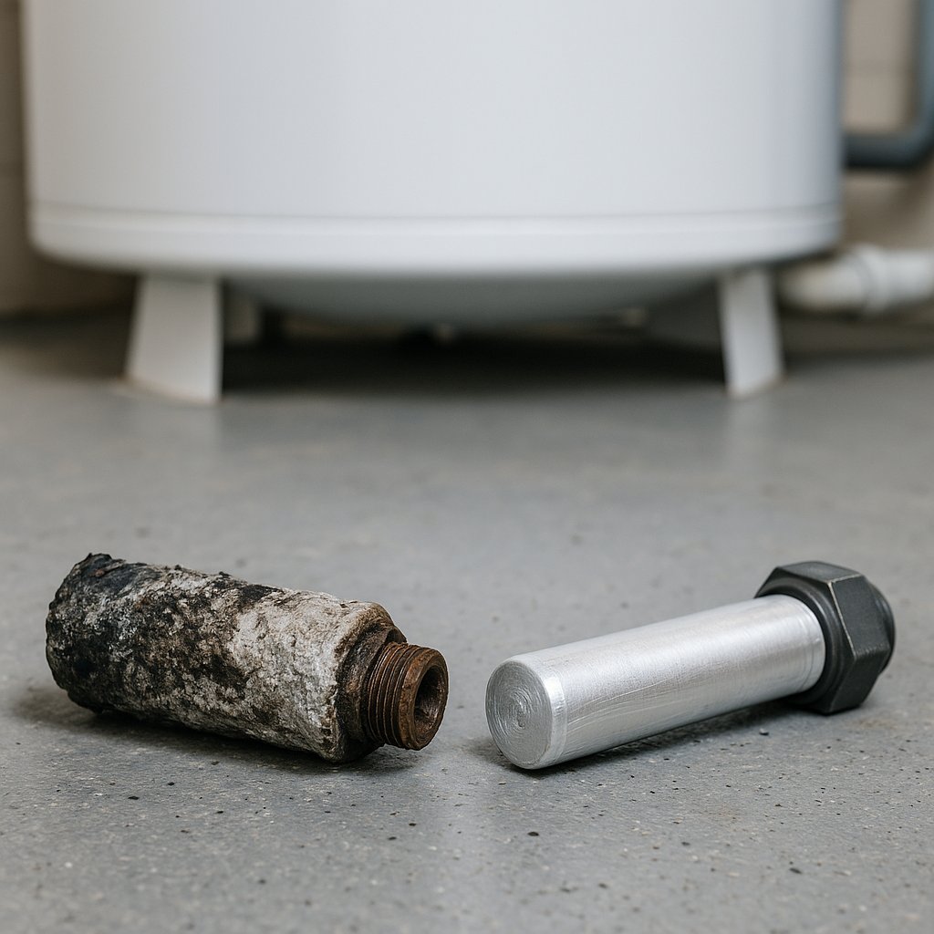 À gauche, une anode en fin de vie ; à droite, une neuve. La différence entre une cuve protégée et une cuve qui rouille en silence.