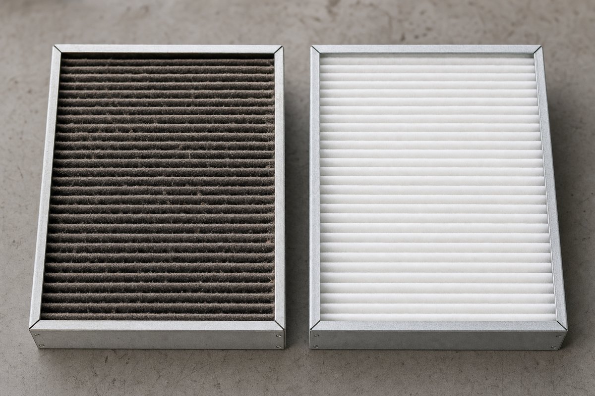 Saturé contre neuf : le filtre de gauche fait forcer la ventilation — et la facture avec.