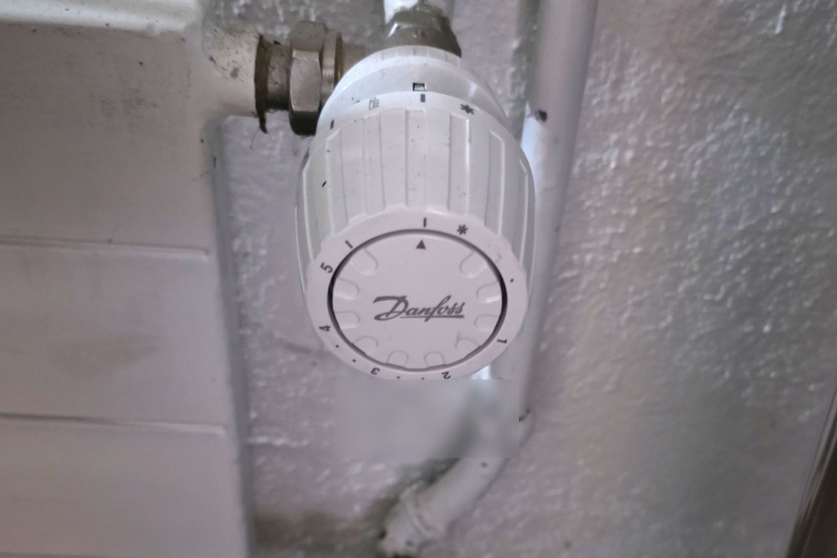 Une tête thermostatique sur un radiateur de sous-sol. Sous la tête, le pointeau : c’est lui, et non l’air, qui explique un radiateur resté complètement froid à la remise en route.