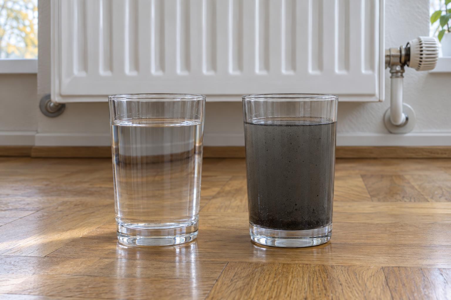 Le test qui tranche en dix secondes : purgez dans un verre transparent. À gauche, une eau claire — de l’air, rien de plus. À droite, une eau noire chargée de fines particules : ce n’est plus une purge qu’il faut, c’est un désembouage.