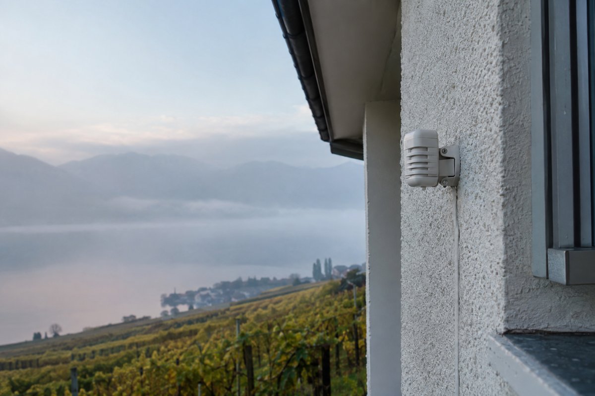 La sonde extérieure, sur la façade la moins ensoleillée. C’est elle qui décide de la saison dans le bâtiment : selon le seuil qu’on lui donne, un matin frais de septembre suffit à relancer le chauffage.