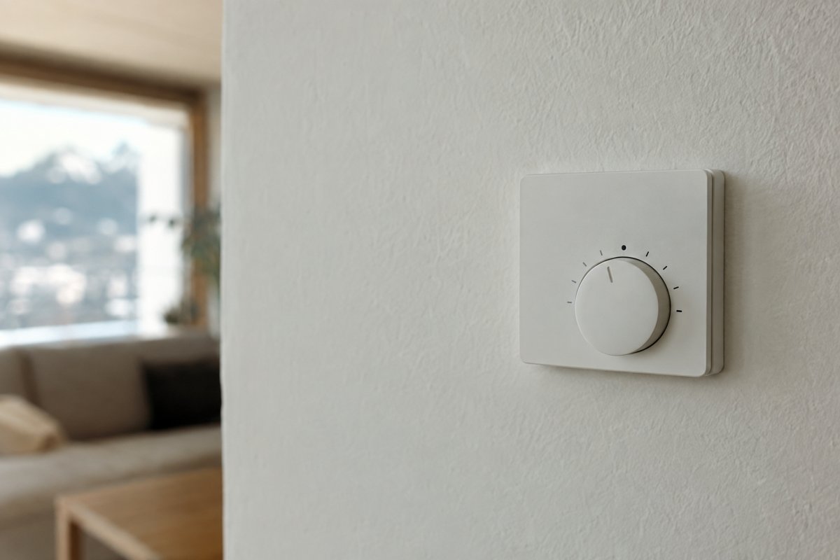 Le thermostat de la pièce commande la vanne de sa zone. Réglé sur une valeur atteignable, il ferme quand la pièce est bien — c’est lui, pas l’eau, qui fait le confort.