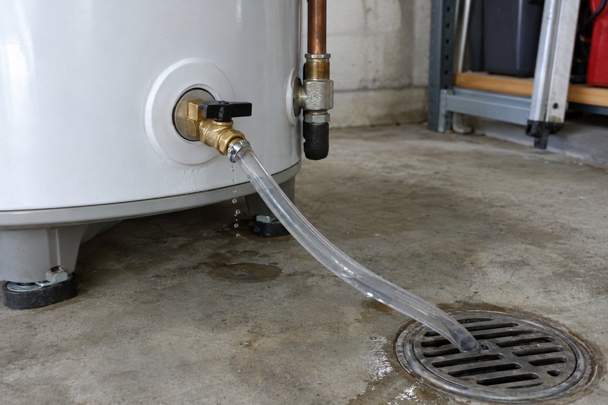 Illustration : la vanne de vidange au pied du chauffe-eau, raccordée par un tuyau à l’écoulement du sol. Un robinet d’eau chaude ouvert dans la maison laisse entrer l’air.