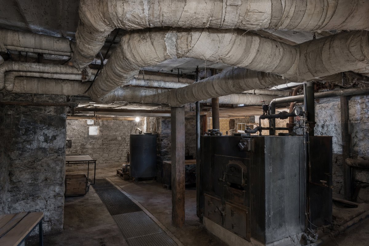 Calorifugeage ancien sur des conduites de chauffage dans la cave d'un immeuble d'avant 1991