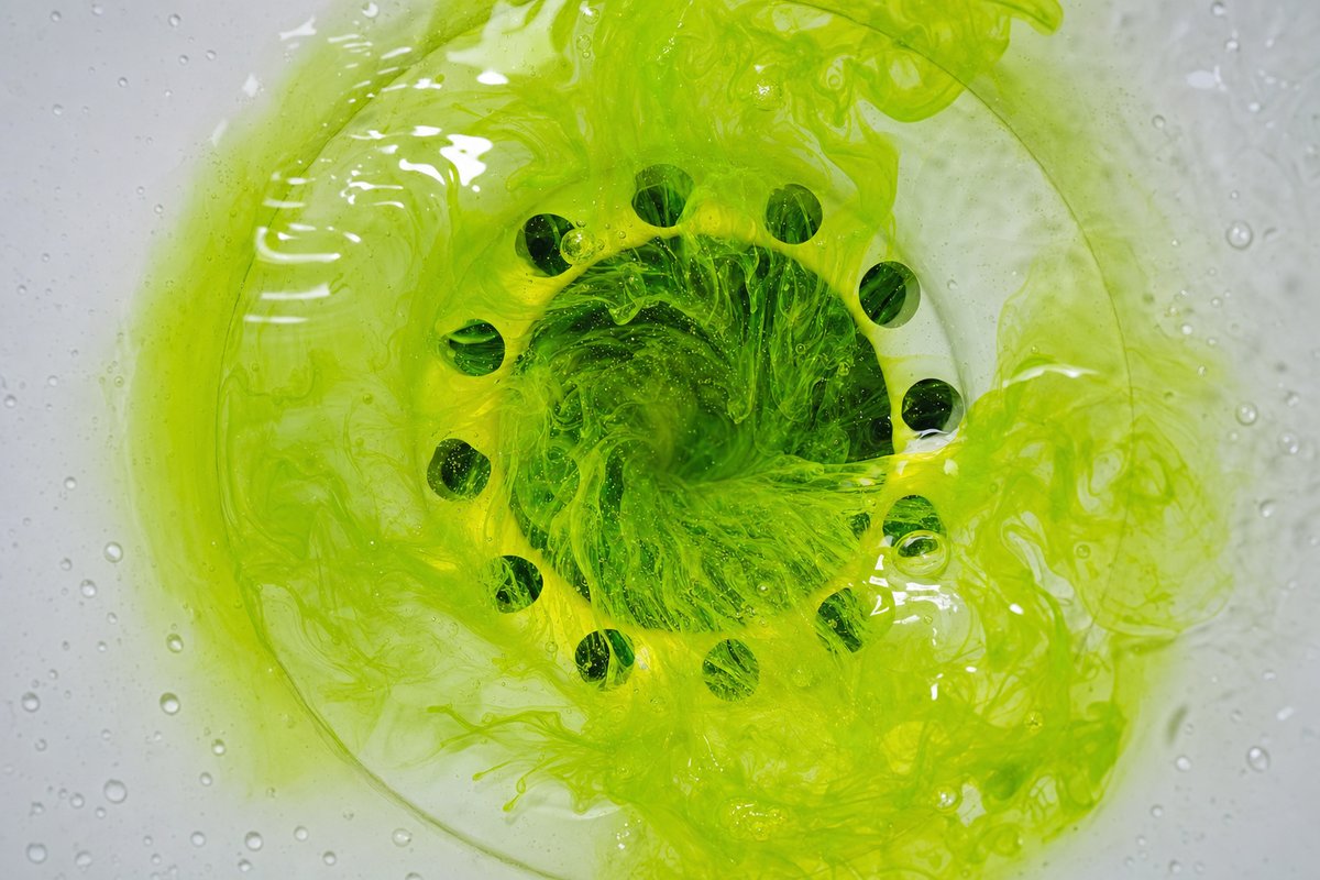 Test au colorant dans une évacuation : la couleur ressort là où l'eau passe — preuve indiscutable du trajet.