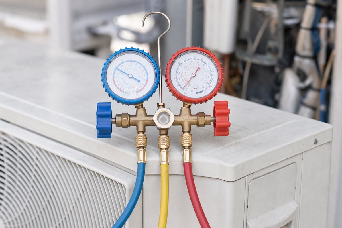Cassette de climatisation visible à travers un faux plafond métallique — la partie hydraulique revient au chauffagiste, le circuit frigorifique au frigoriste certifié