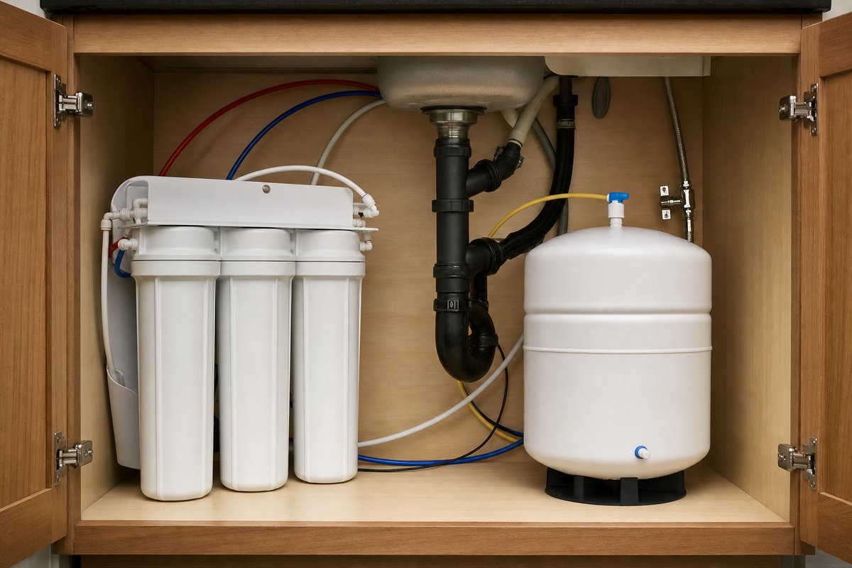 Osmoseur domestique installé sous un évier de cuisine avec robinet 3 voies