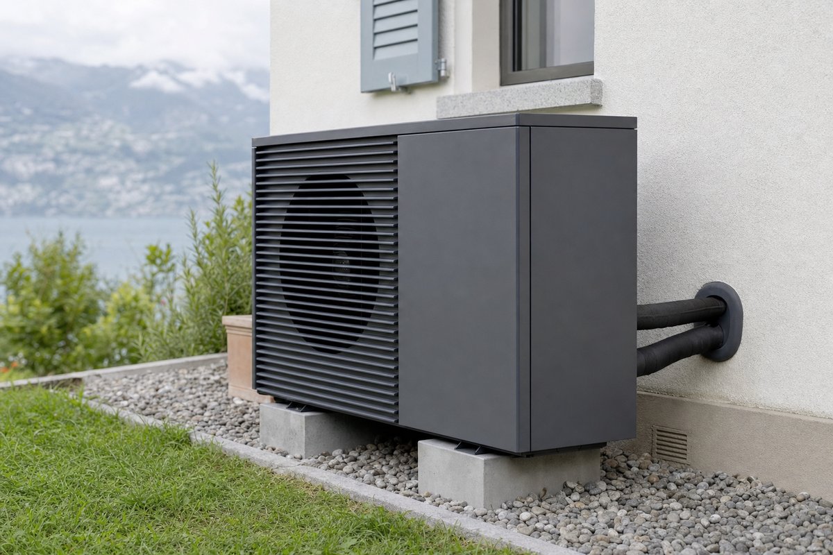Unité extérieure d'une pompe à chaleur air-eau : la bonne solution quand l'émetteur — plancher chauffant, basse température — s'y prête.
