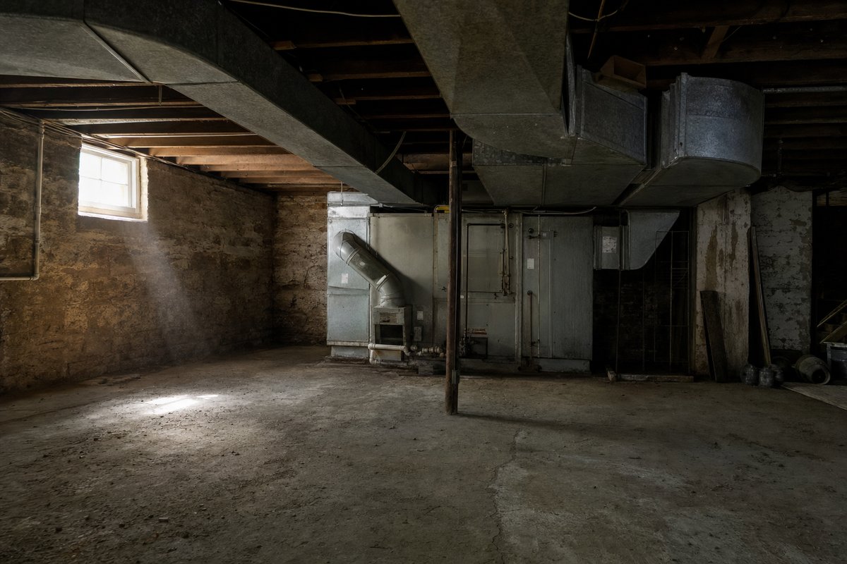 Ancien monobloc de ventilation double flux dans un local technique, avant remise en service