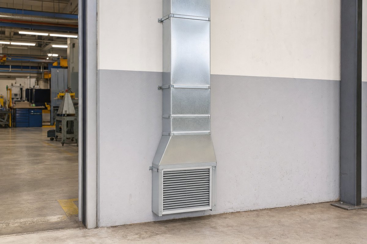 Grille de captation basse en paroi d'atelier : pour des vapeurs plus lourdes que l'air, on aspire au niveau du sol, le long des bacs de rétention.