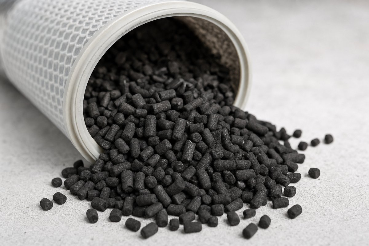Granulés de charbon actif : saturés, ils laissent passer l'air sans aucune perte de charge — rien ne signale la fin de leur capacité d'adsorption.