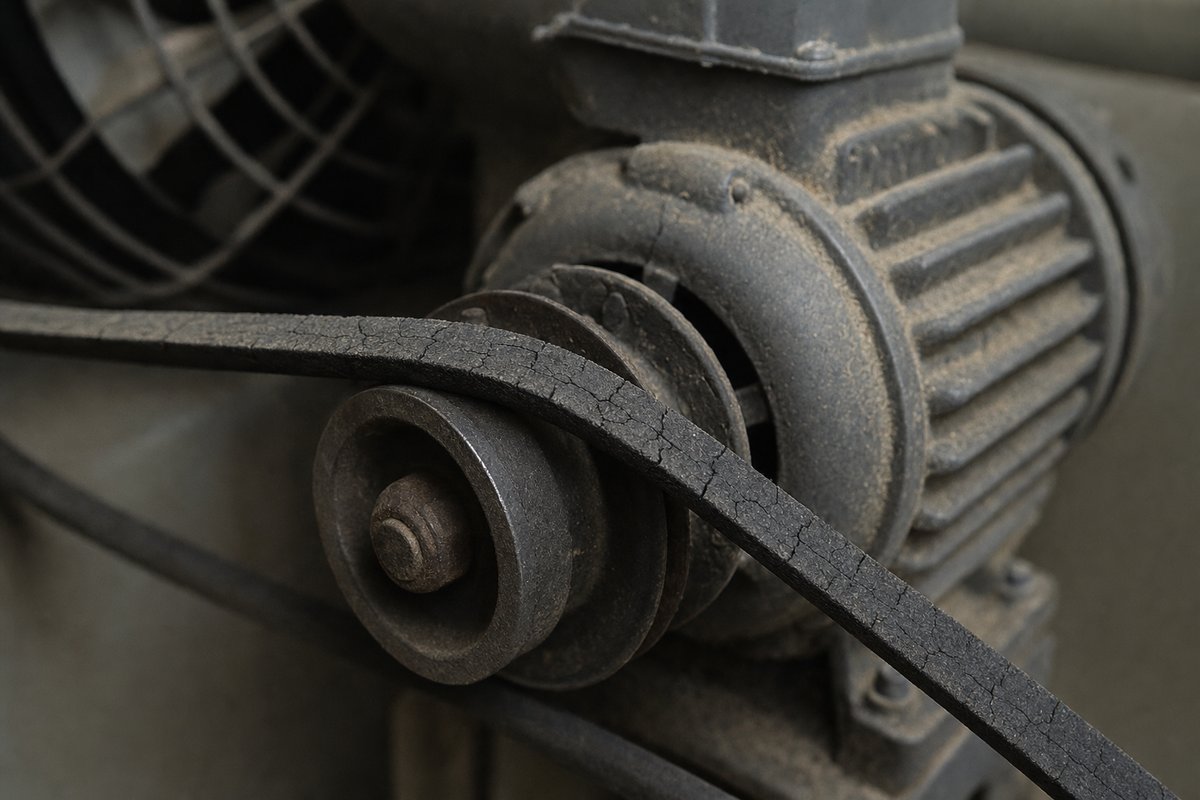 Courroie de transmission usée sur un ventilateur : elle patine encore, mais le débit d'air ne suit plus depuis longtemps.