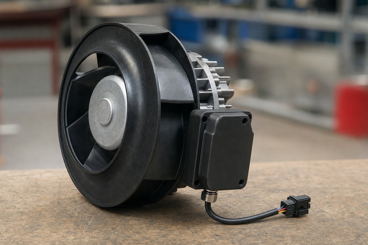 Moteur EC à rotor extérieur avec sa turbine : une unité fermée, équilibrée en usine — le roulement ne se remplace pas seul.