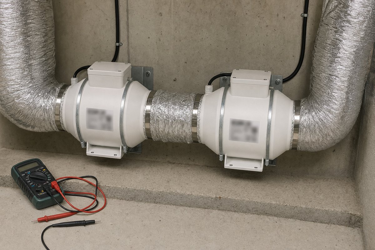 Pince ampèremétrique mesurant le courant sur le câble d'alimentation d'un extracteur de ventilation EC