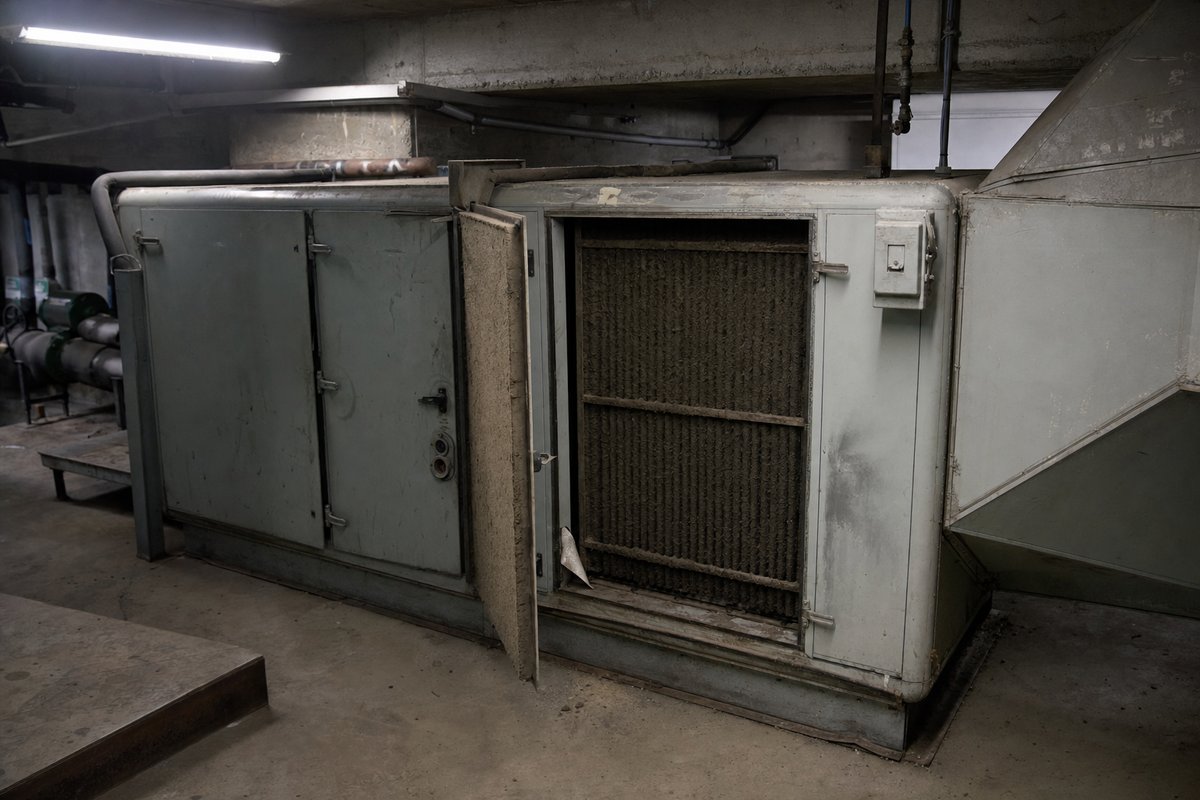 Monobloc ancien dans son local technique : avant de l'enclencher, on documente tout — courroies, roulements, registres, circuits.