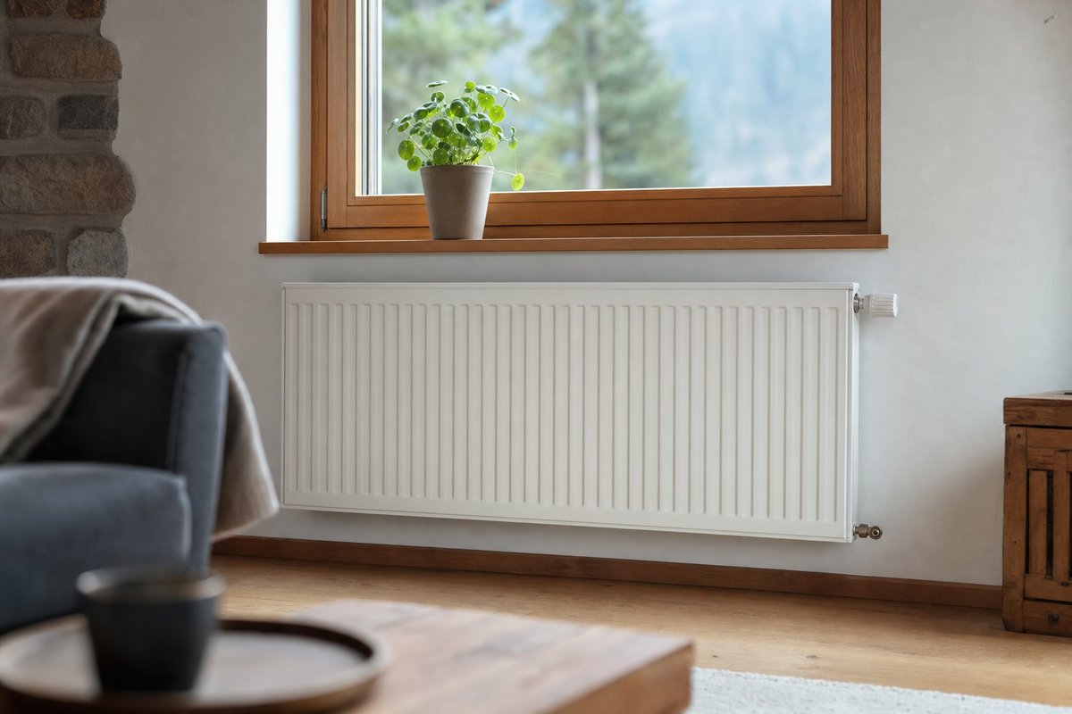 Radiateur avec vanne thermostatique dans un salon, main sur la tête de réglage