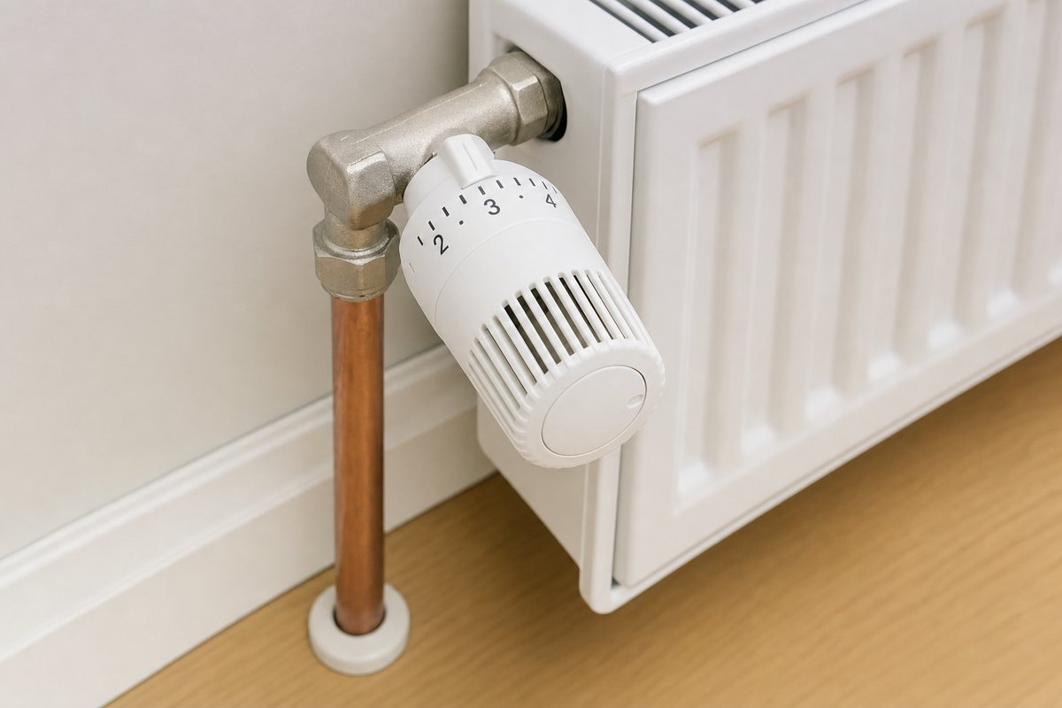 La vanne thermostatique et son pointeau : resté collé après l'été, il laisse un radiateur entièrement froid pendant que les autres chauffent.