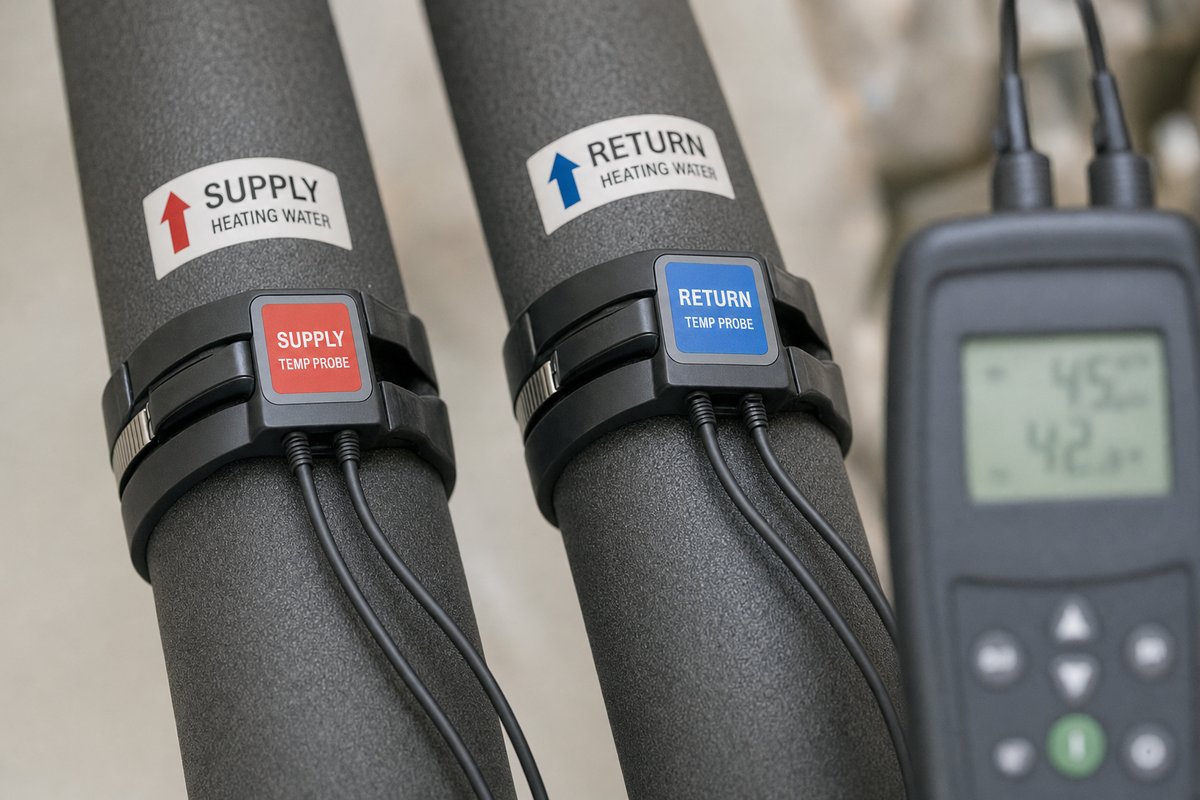 Sondes de température sur départ et retour : le ΔT mesuré remplace toutes les opinions.