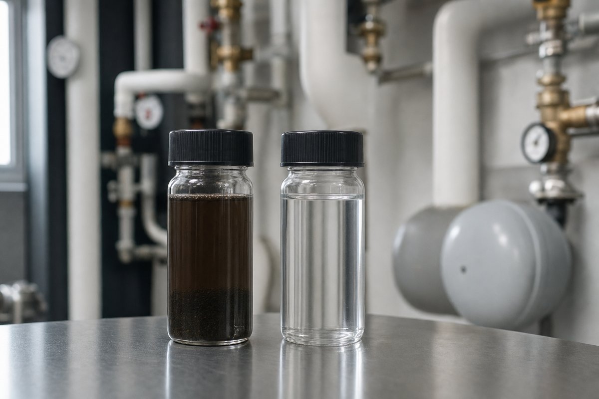 À gauche, l’eau d’un circuit emboué ; à droite, une eau saine. Un simple flacon prélevé à la purge en dit souvent plus qu’une longue discussion.