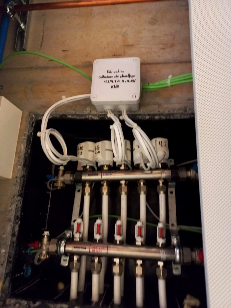 Un collecteur ouvert : les têtes électriques en haut, les débitmètres alignés en dessous, un tube par boucle. C’est la seule partie de l’installation qui se laisse lire.